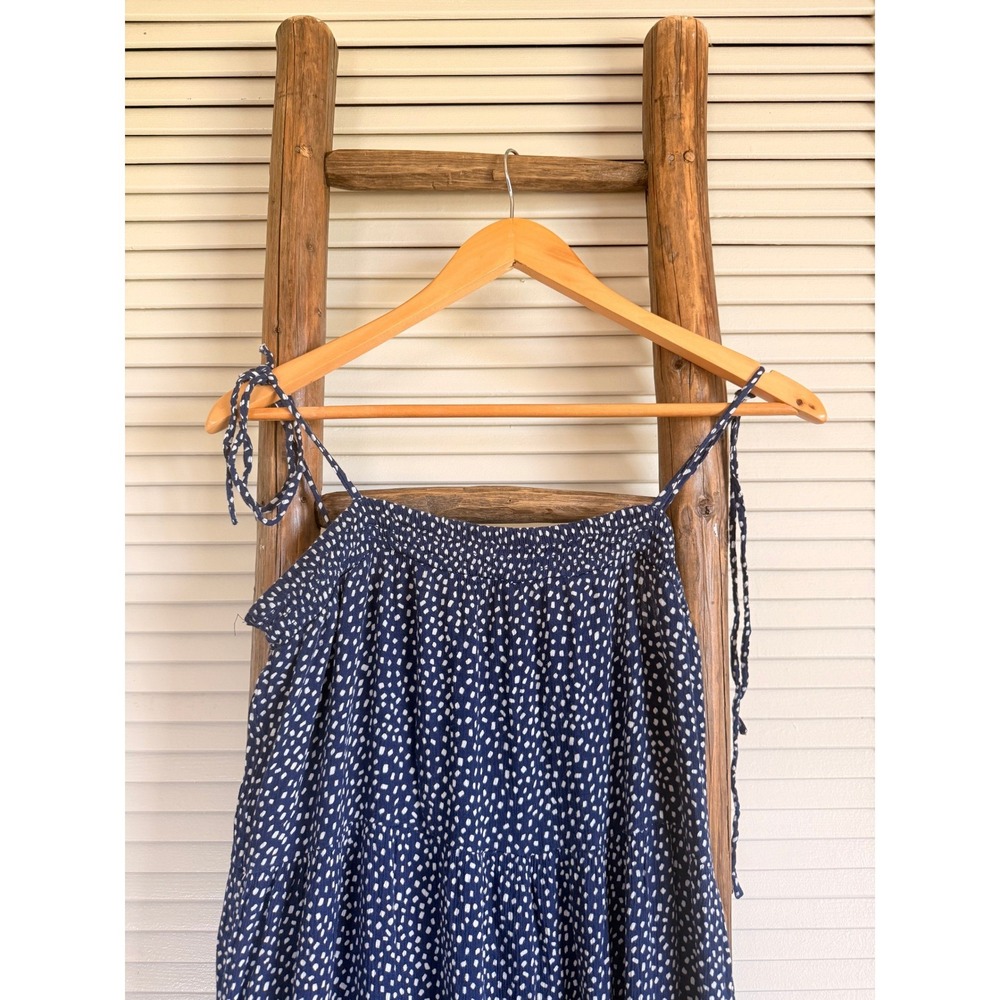 Express Maxi Dress Small Blue Polka Dot Tiered Tie Strap Smocked Rayon - Picture 3 of 5